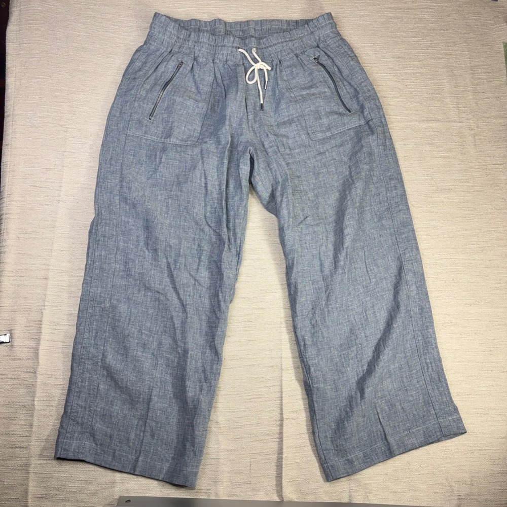 Athleta Cabo Linen Wide Leg Pants Blue Size 18 Elastic Waist Zip Pocket Summer